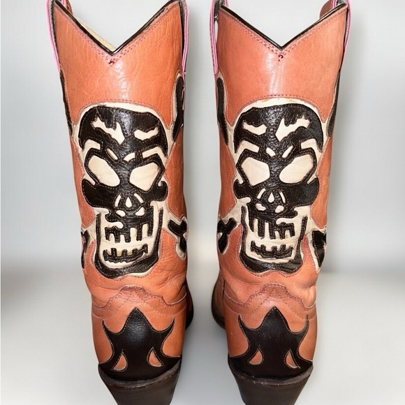 Corral Pink and Black Skull Flame Heeled Boots - Picture 4 of 7